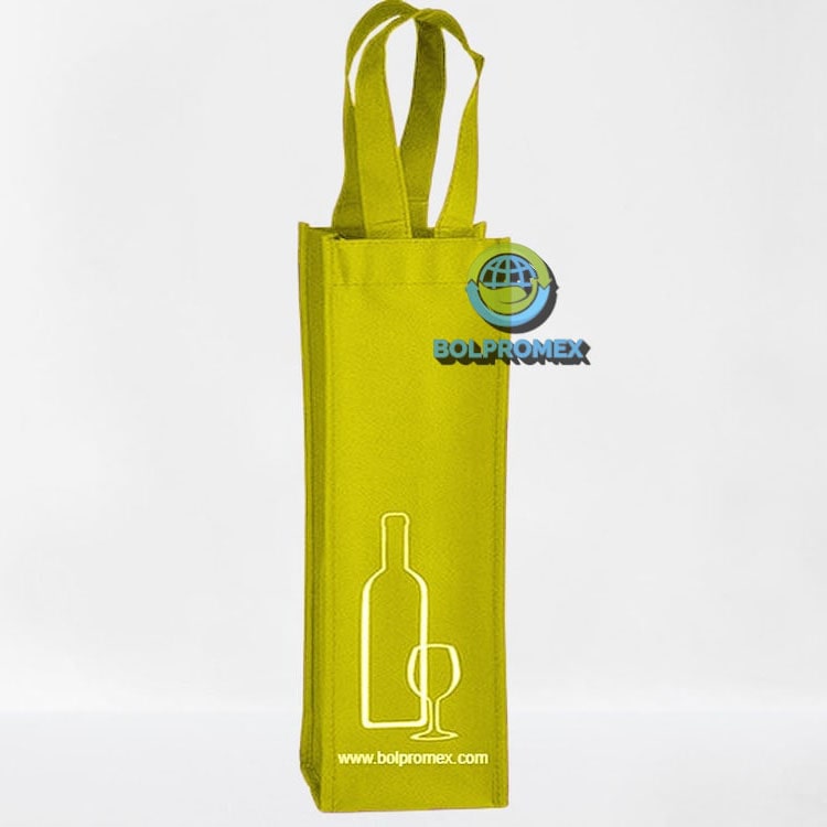 Porta vino de una botella tela no tejida ecologica  non woven forro cartera koreano impresa publicitaria color amarillo canario