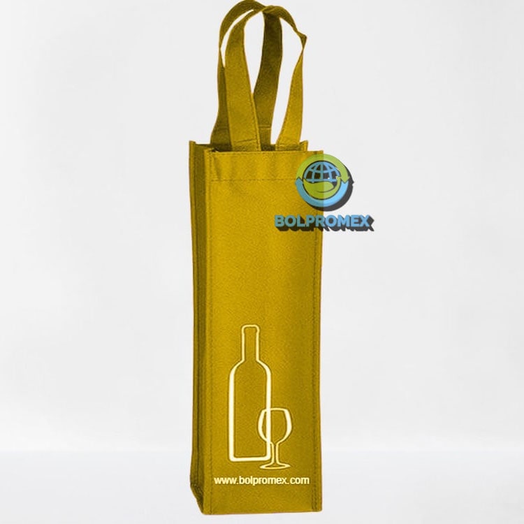 Porta vino de una botella tela no tejida ecologica  non woven forro cartera koreano impresa publicitaria color amarillo mango