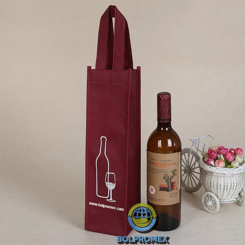 Porta vino de una botella tela no tejida ecologica  non woven forro cartera koreano impresa publicitaria con 1 botella y un adorno