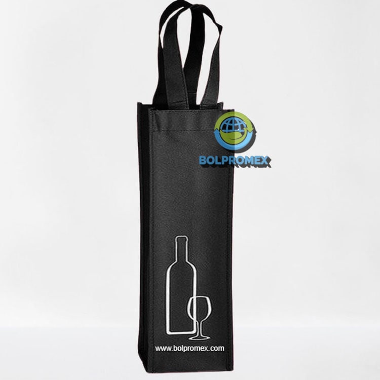 Porta vino de una botella tela no tejida ecologica  non woven forro cartera koreano impresa publicitaria color negro