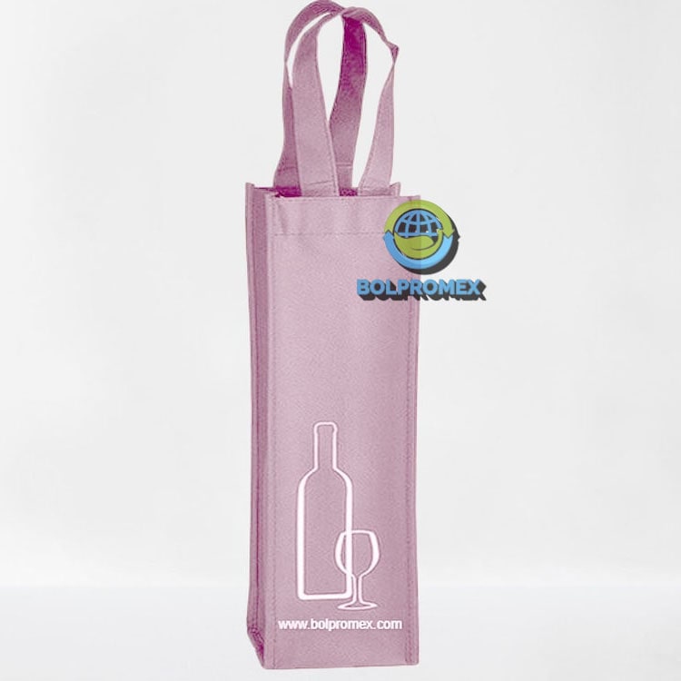 Porta vino de una botella tela no tejida ecologica  non woven forro cartera koreano impresa publicitaria color rosa pastel palo de rosa