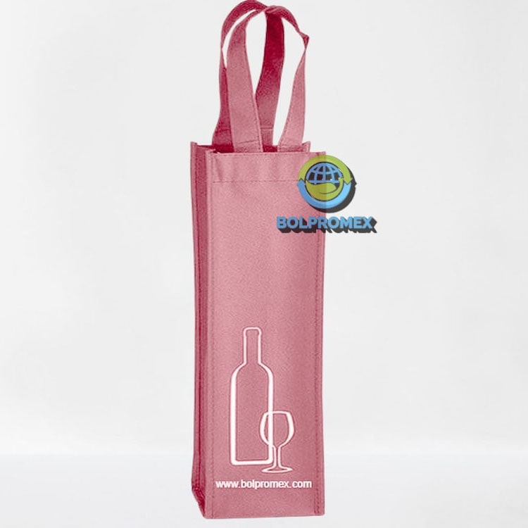 Porta vino de una botella tela no tejida ecologica  non woven forro cartera koreano impresa publicitaria color rosa