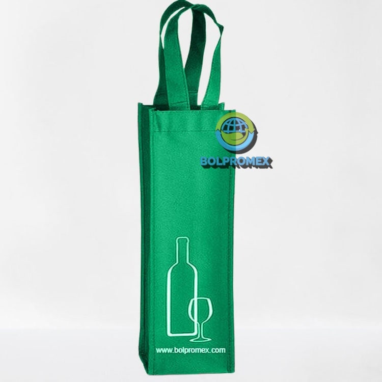 Porta vino de una botella tela no tejida ecologica  non woven forro cartera koreano impresa publicitaria color verde bandera