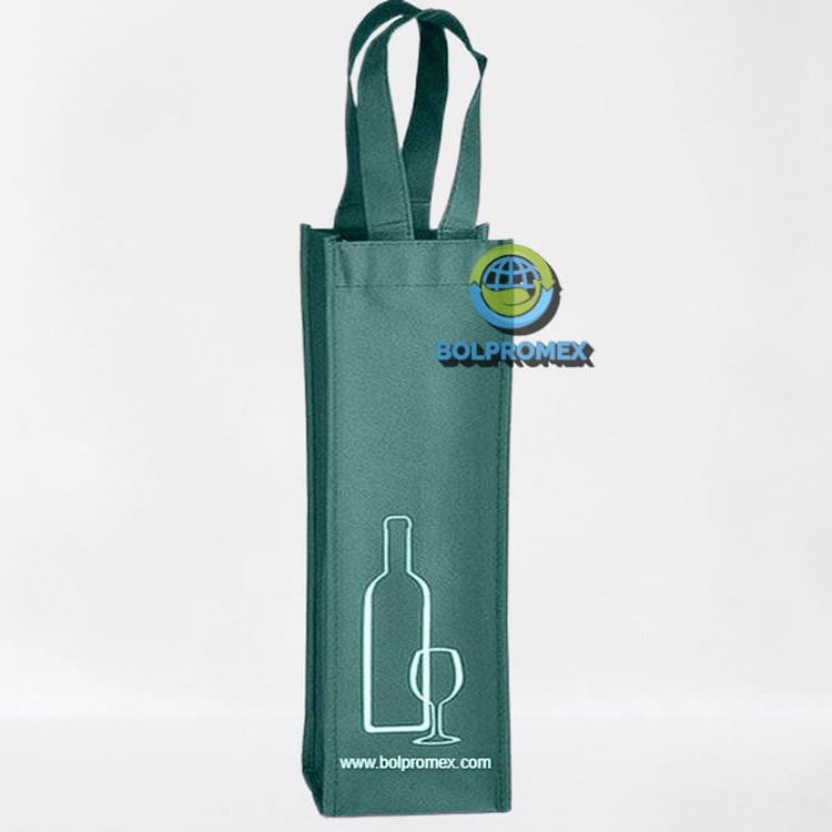 Porta vino de una botella tela no tejida ecologica  non woven forro cartera koreano impresa publicitaria color verde botella