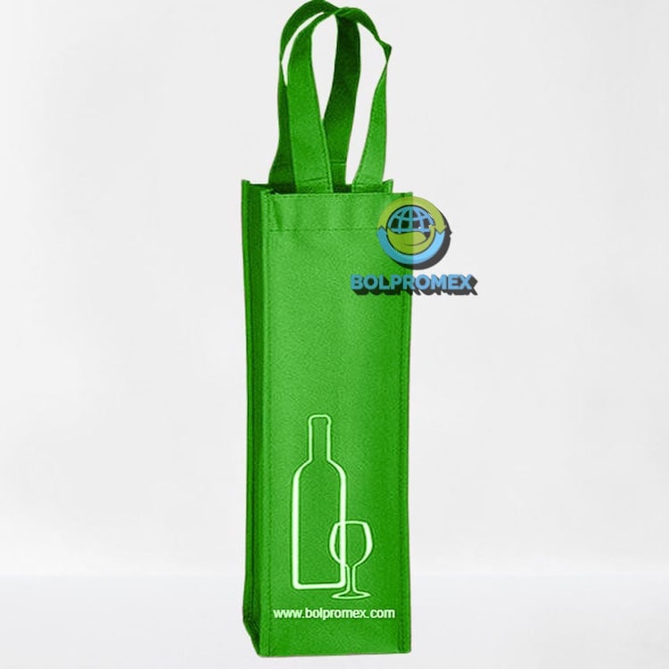 Porta vino de una botella tela no tejida ecologica  non woven forro cartera koreano impresa publicitaria color verde limon