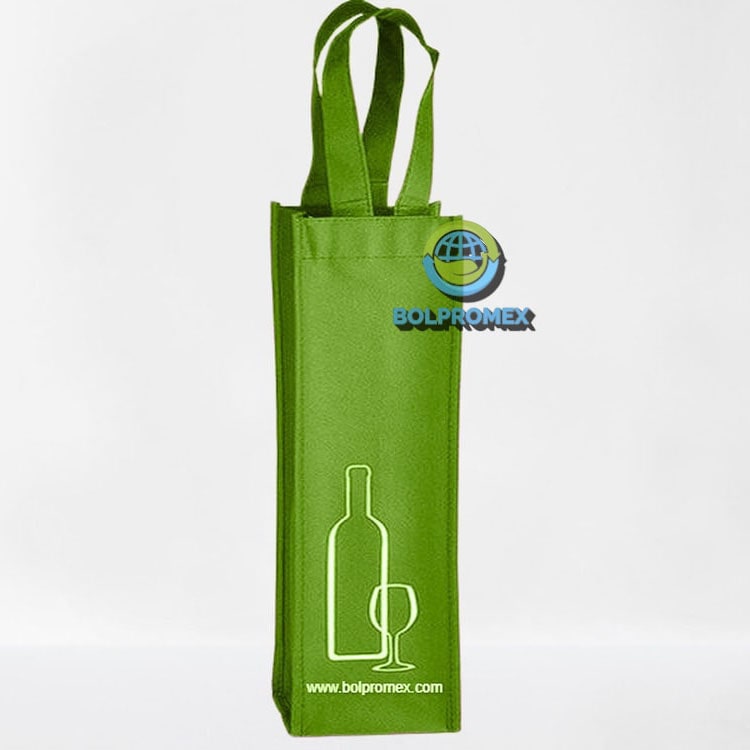 Porta vino de una botella tela no tejida ecologica  non woven forro cartera koreano impresa publicitaria color verde manzana