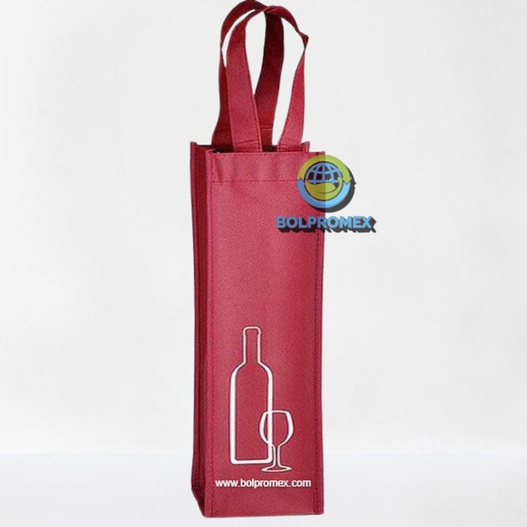 Porta vino de una botella tela no tejida ecologica  non woven forro cartera koreano impresa publicitaria color vino guinda