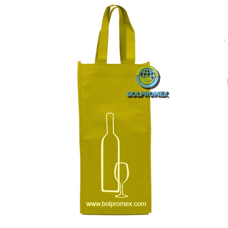 Porta vino de 2 botellas hecho con material tela no tejida non woven impreso con un logo publicitario en color amarillo canario