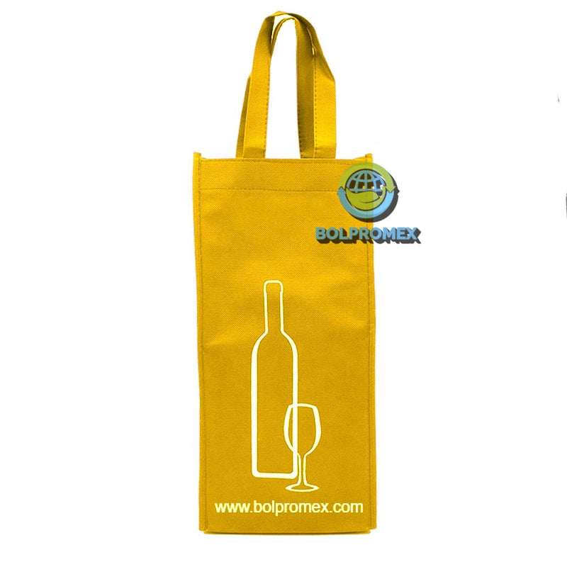 Porta vino de 2 botellas hecho con material tela no tejida non woven impreso con un logo publicitario en color amarillo mango