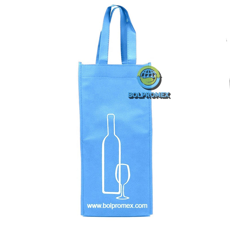 Porta vino de 2 botellas hecho con material tela no tejida non woven impreso con un logo publicitario en color azul cielo