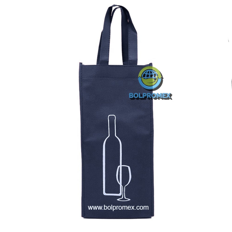 Porta vino de 2 botellas hecho con material tela no tejida non woven impreso con un logo publicitario en color azul marino
