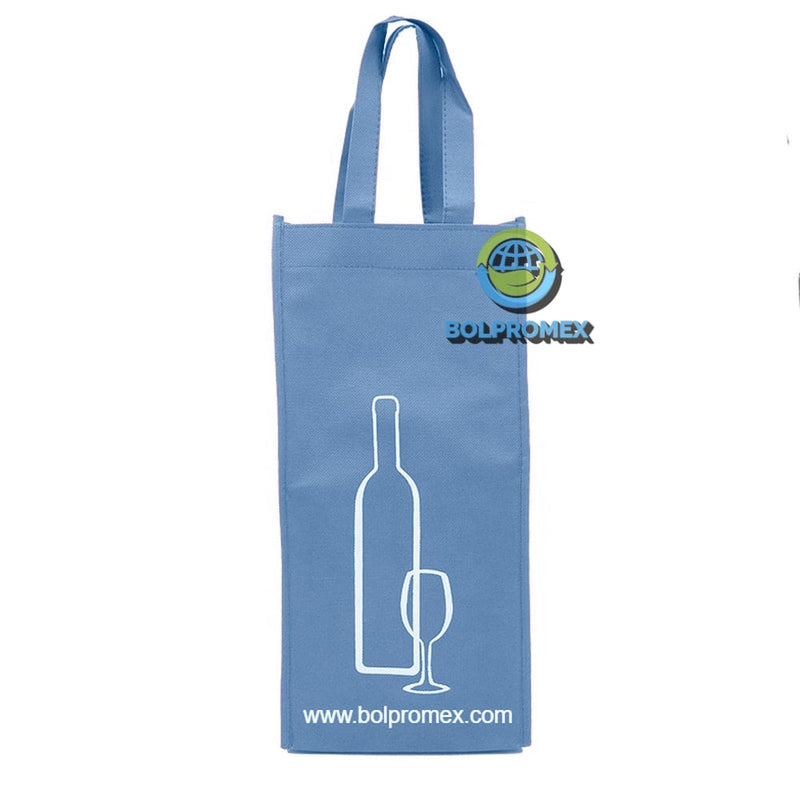 Porta vino de 2 botellas hecho con material tela no tejida non woven impreso con un logo publicitario en color azul plumbago