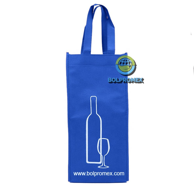 Porta vino de 2 botellas hecho con material tela no tejida non woven impreso con un logo publicitario en color azul rey