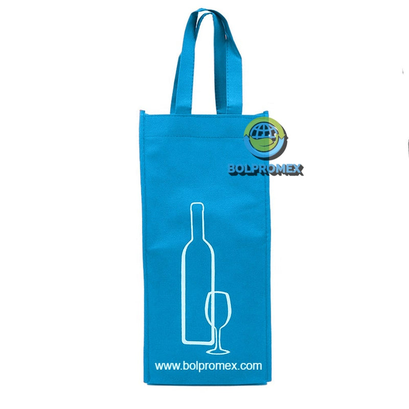 Porta vino de 2 botellas hecho con material tela no tejida non woven impreso con un logo publicitario en color azul turquesa