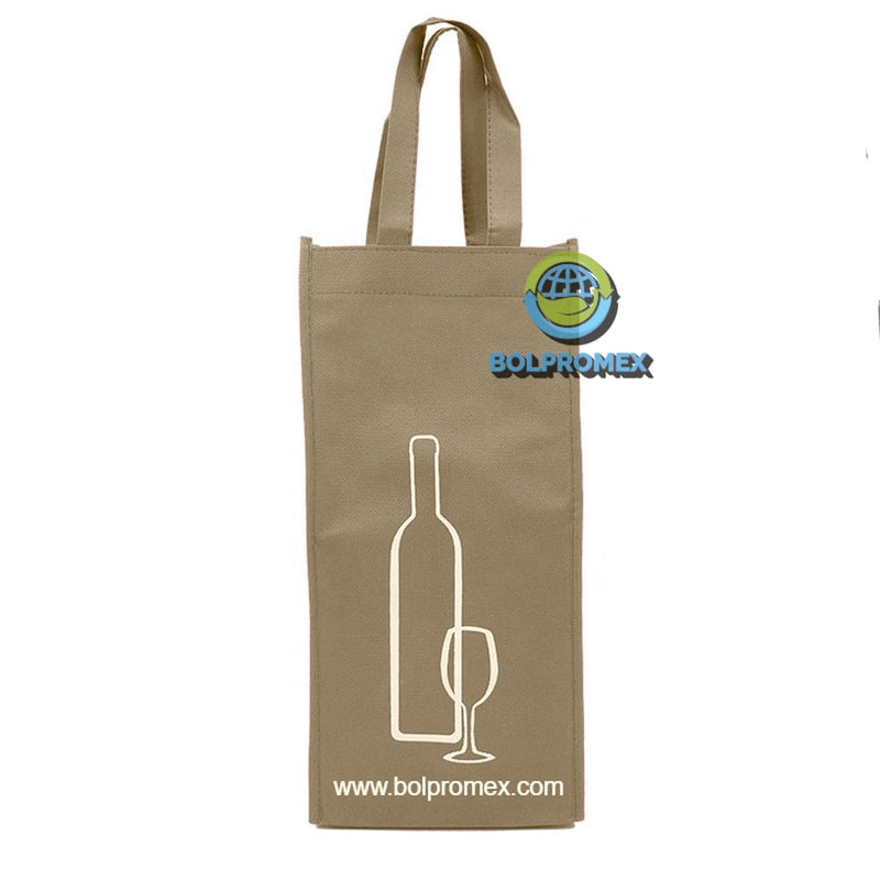 Porta vino de 2 botellas hecho con material tela no tejida non woven impreso con un logo publicitario en color beige