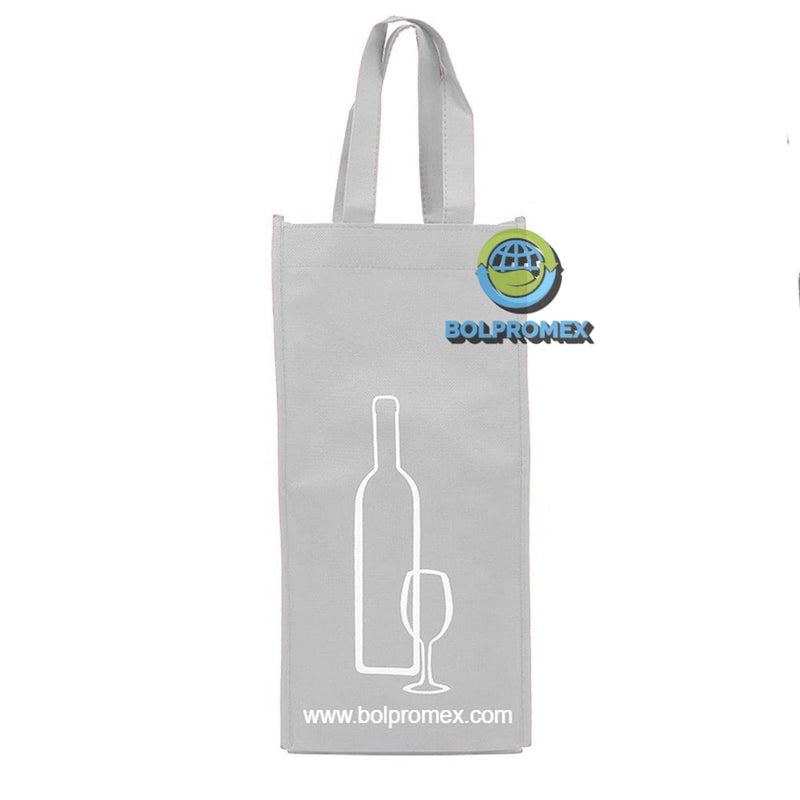 Porta vino de 2 botellas hecho con material tela no tejida non woven impreso con un logo publicitario en color blanco