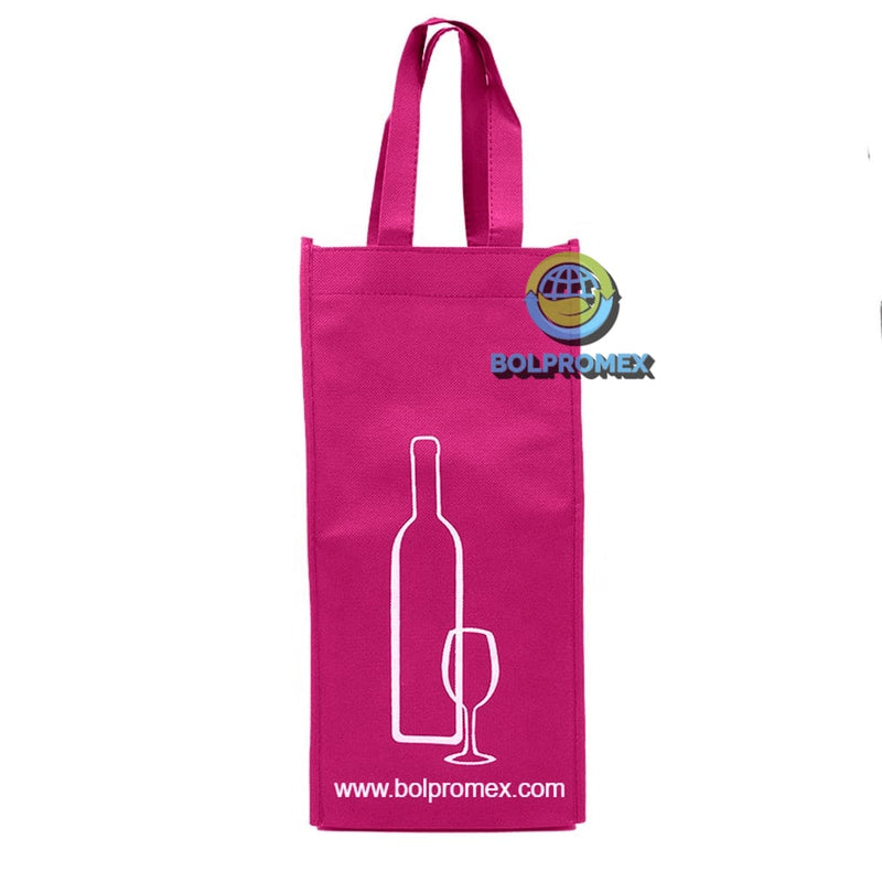 Porta vino de 2 botellas hecho con material tela no tejida non woven impreso con un logo publicitario en color fiusha
