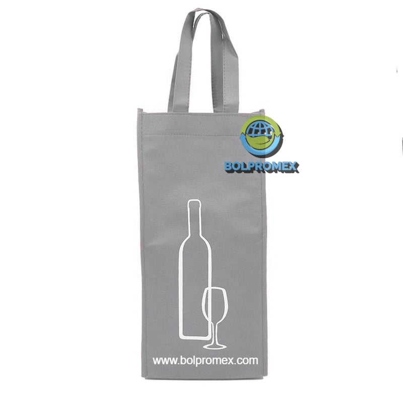 Porta vino de 2 botellas hecho con material tela no tejida non woven impreso con un logo publicitario en color gris claro