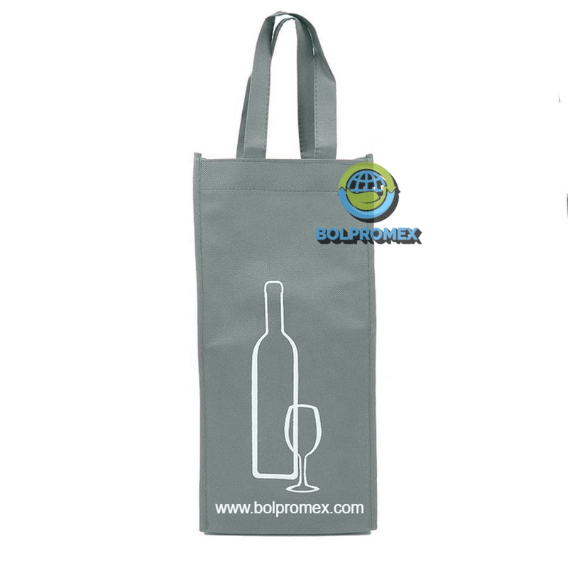 Porta vino de 2 botellas hecho con material tela no tejida non woven impreso con un logo publicitario en color gris medio