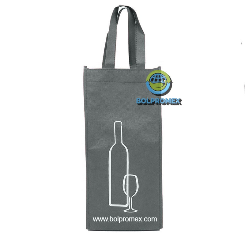 Porta vino de 2 botellas hecho con material tela no tejida non woven impreso con un logo publicitario en color gris obscuro oxford