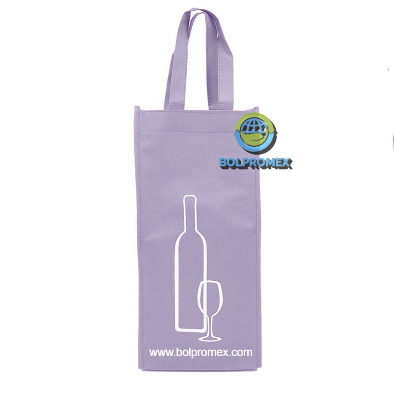 Porta vino de 2 botellas hecho con material tela no tejida non woven impreso con un logo publicitario en color lila