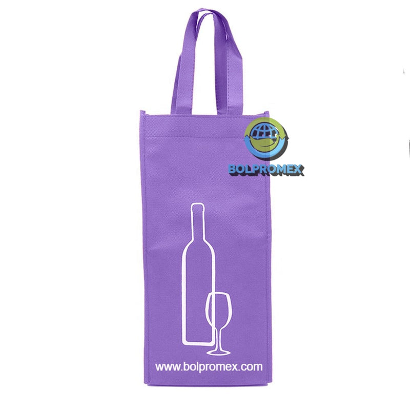 Porta vino de 2 botellas hecho con material tela no tejida non woven impreso con un logo publicitario en color morado