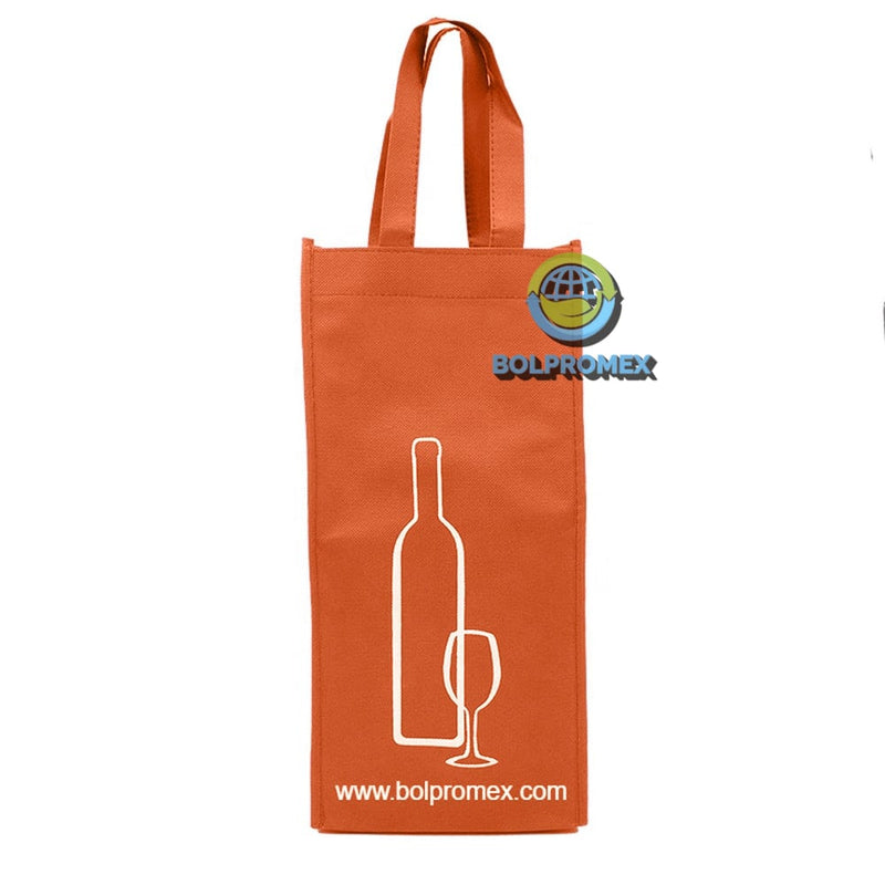 Porta vino de 2 botellas hecho con material tela no tejida non woven impreso con un logo publicitario en color naranja mandarina