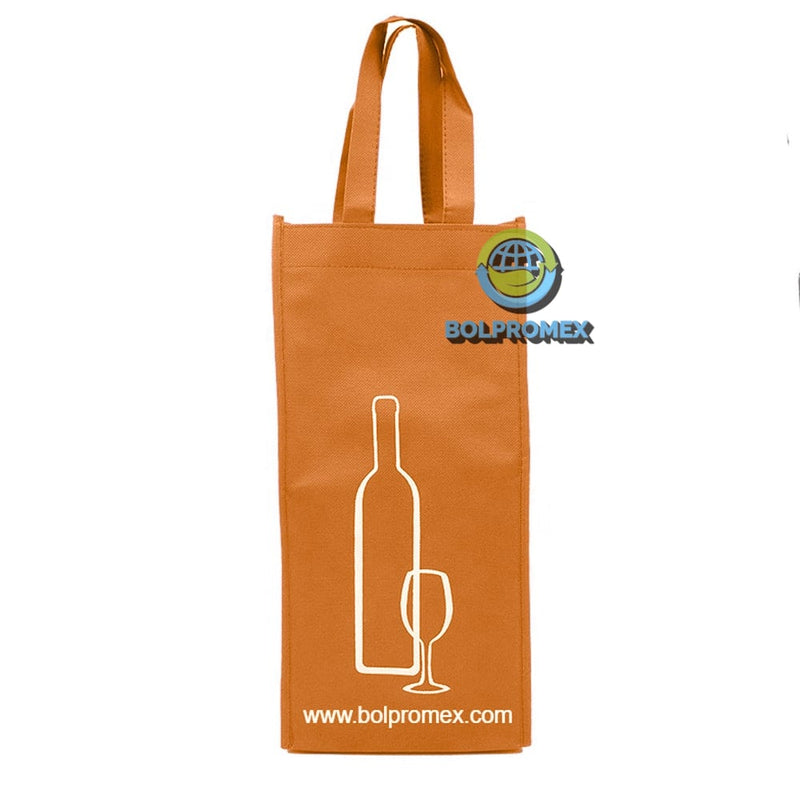 Porta vino de 2 botellas hecho con material tela no tejida non woven impreso con un logo publicitario en color naranja