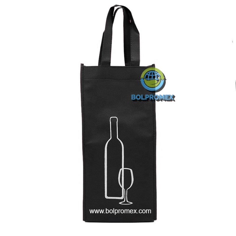 Porta vino de 2 botellas hecho con material tela no tejida non woven impreso con un logo publicitario en color negro