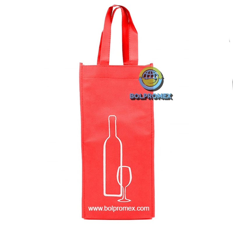 Porta vino de 2 botellas hecho con material tela no tejida non woven impreso con un logo publicitario en color rojo