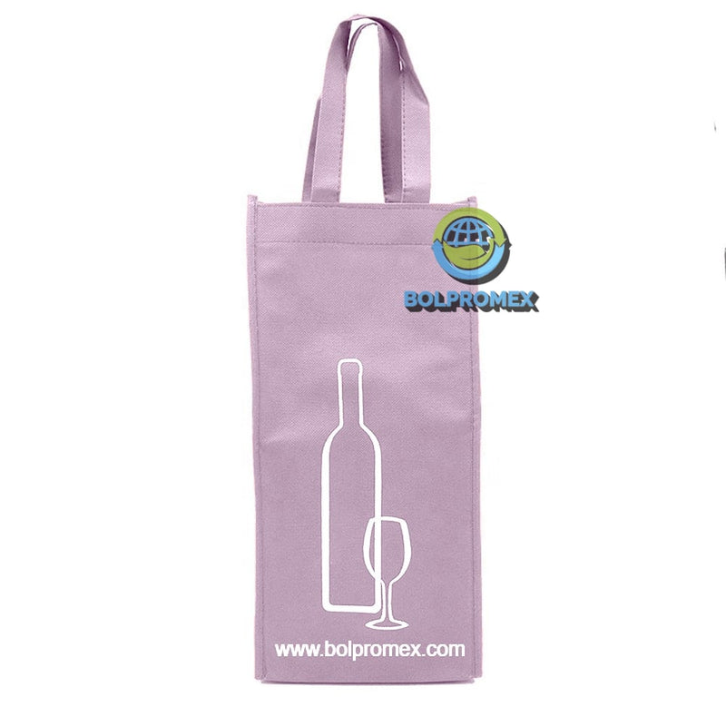Porta vino de 2 botellas hecho con material tela no tejida non woven impreso con un logo publicitario en color rosa pastel