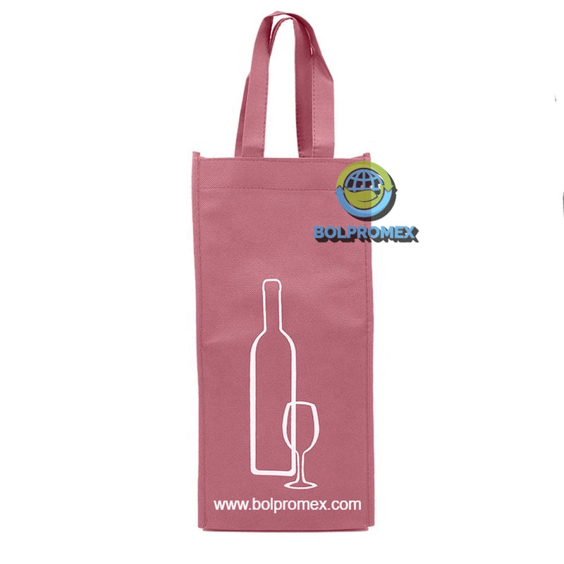 Porta vino de 2 botellas hecho con material tela no tejida non woven impreso con un logo publicitario en color rosa