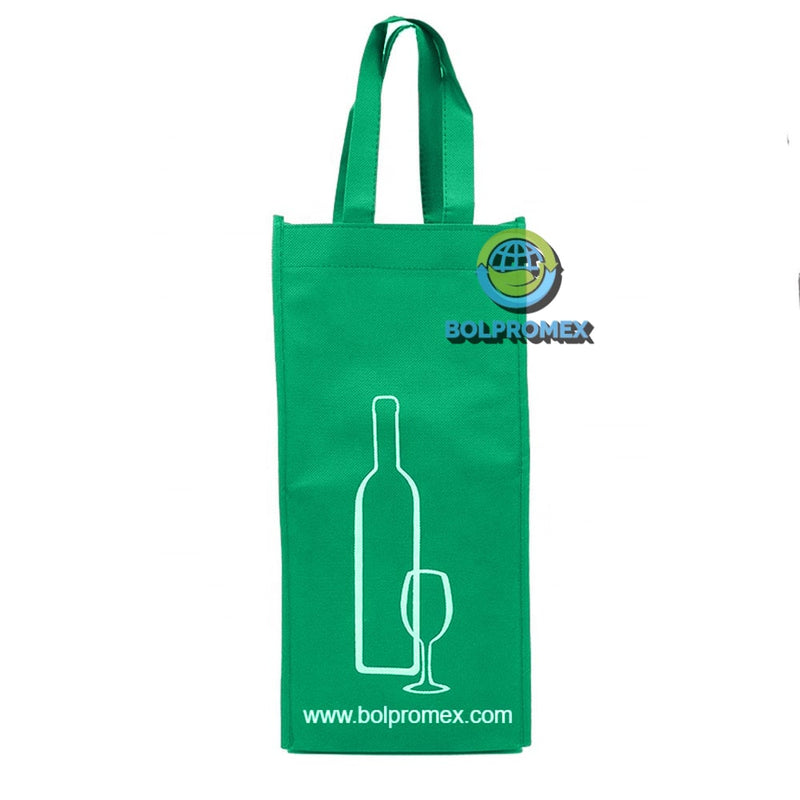 Porta vino de 2 botellas hecho con material tela no tejida non woven impreso con un logo publicitario en color verde bandera