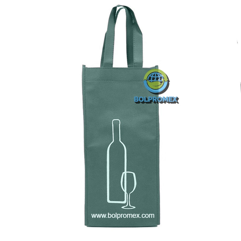 Porta vino de 2 botellas hecho con material tela no tejida non woven impreso con un logo publicitario en color verde botella