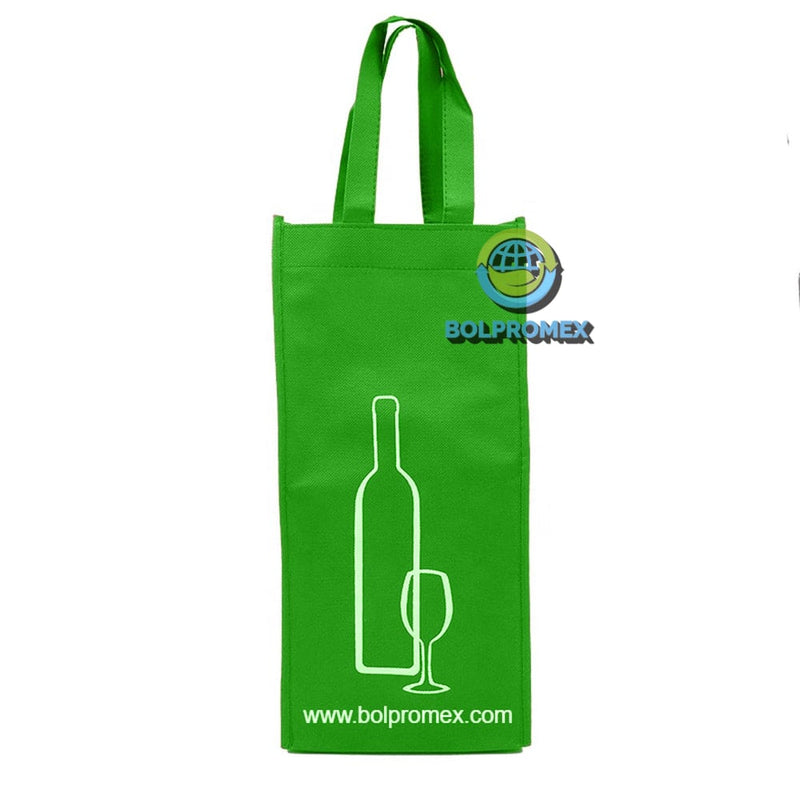 Porta vino de 2 botellas hecho con material tela no tejida non woven impreso con un logo publicitario en color verde limon