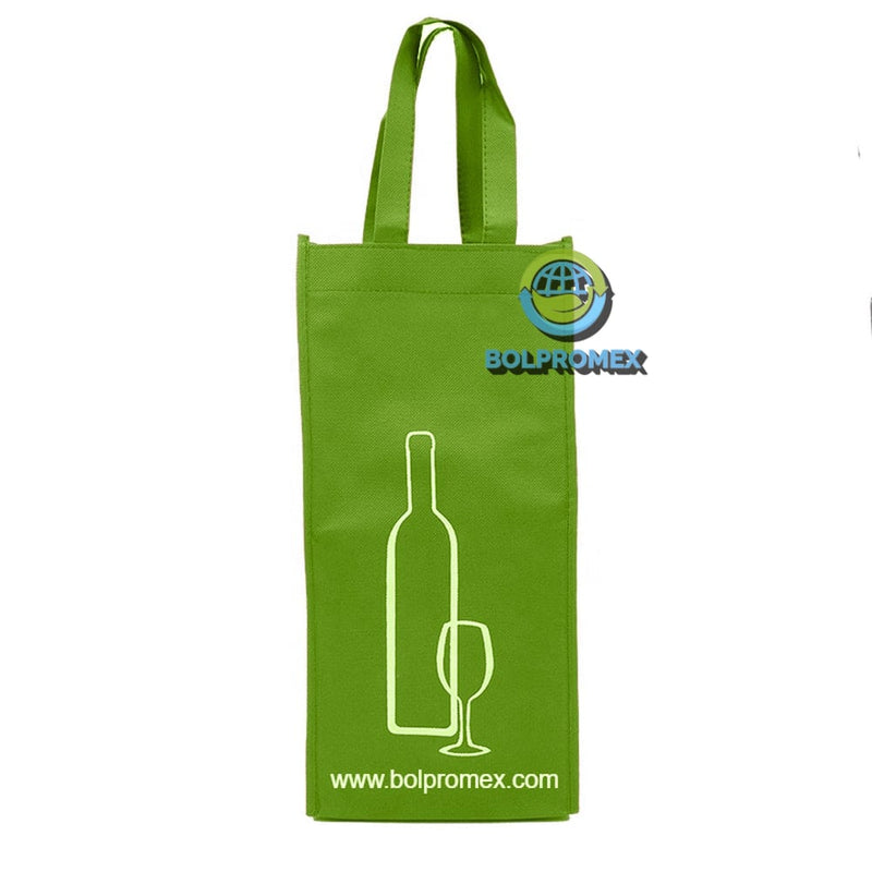 Porta vino de 2 botellas hecho con material tela no tejida non woven impreso con un logo publicitario en color verde manzana