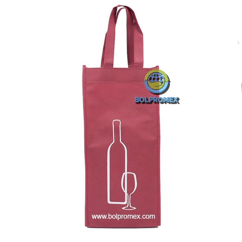 Porta vino de 2 botellas hecho con material tela no tejida non woven impreso con un logo publicitario en color vino guinda