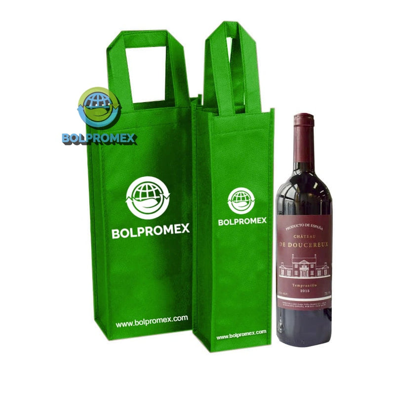 porta vino 1 y 2 botellas en color verde limon  hechos de tela no tejida non woven impresos publicitarios con el logo de bolpromex 